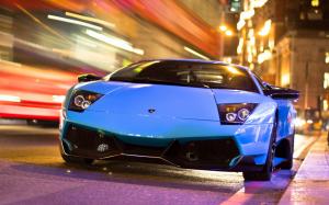 Lamborghini blue car in the city night road wallpaper thumb