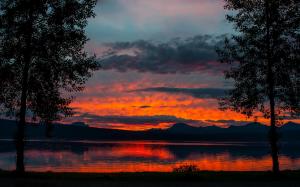 Dusk landscape, lake, trees, mountains, sunset, twilight wallpaper thumb