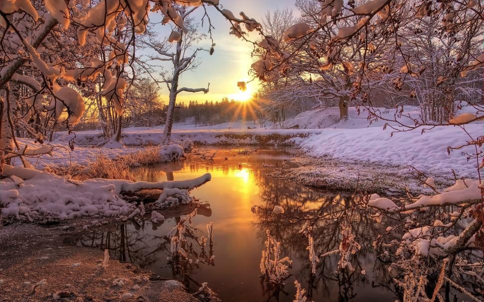 Winter, snow, forest, trees, river, dawn, sunrise wallpaper,Winter HD wallpaper,Snow HD wallpaper,Forest HD wallpaper,Trees HD wallpaper,River HD wallpaper,Dawn HD wallpaper,Sunrise HD wallpaper,1920x1200 wallpaper