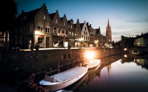 Bruges Buildings Canal Boats Lights Reflection 1080p wallpaper thumb