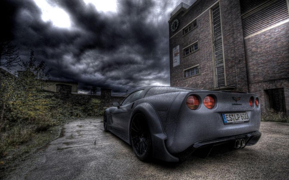 Chevy Corvette Parked In The Rain Hdr wallpaper,parking HD wallpaper,rain HD wallpaper,clouds HD wallpaper,cars HD wallpaper,1920x1200 wallpaper