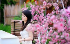 Asian girl, play piano, garden flowers wallpaper thumb