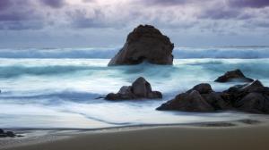 Beach Ocean Wave Rock Stone Blue HD wallpaper thumb