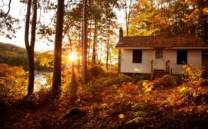 Autumn landscape, forest, trees, sunset, house wallpaper thumb