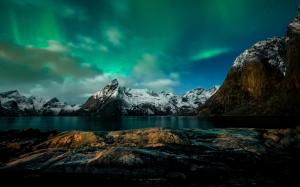 Norway, night, mountains, Northern lights, coast wallpaper thumb