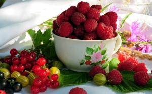 Fruits, raspberries, red currants, gooseberries, bowl wallpaper thumb