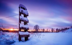 Snow Winter Sunset Purple Barb Wire Fence HD wallpaper thumb