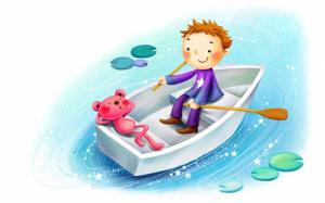 Boy with teddy in a boat wallpaper thumb