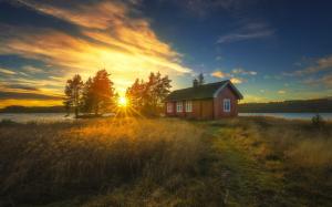 Ringerike, Norway, sunset, house, reeds, trees, river wallpaper thumb