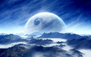 Dream landscape, planet, sky, mountains, clouds, blue, white wallpaper thumb