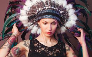 Girl face, tattoos, hat, feathers wallpaper thumb