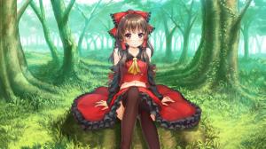 The forest anime girl sitting on the green grass, red dress wallpaper thumb