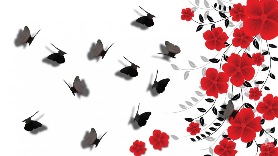 Red Flowers Shadow Butterflies wallpaper,red flowers HD wallpaper,black HD wallpaper,leaves HD wallpaper,white HD wallpaper,spring HD wallpaper,collage HD wallpaper,summer HD wallpaper,shadows HD wallpaper,butterflies HD wallpaper,nature & lands HD wallpaper,1920x1080 wallpaper