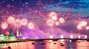 Colorful fireworks, night, city, river, water reflection wallpaper thumb