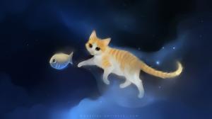 Cat chasing fish in the sky of painting wallpaper thumb