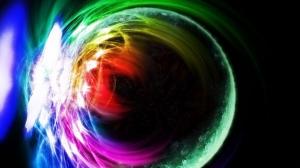 Multicolored light burst behind the planet wallpaper thumb