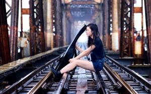 Asian girl, guitar, music, railroad, bridge wallpaper thumb