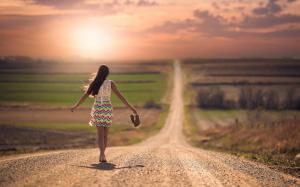 Girl walking in the road, sunset wallpaper thumb