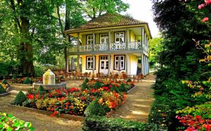House, garden, trees, flowers, chairs wallpaper thumb