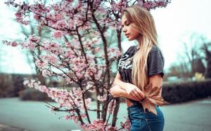 Blonde girl and cherry flowers wallpaper thumb