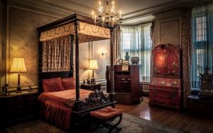 Retro style, bedroom, chandelier, lamp, bed, window wallpaper thumb