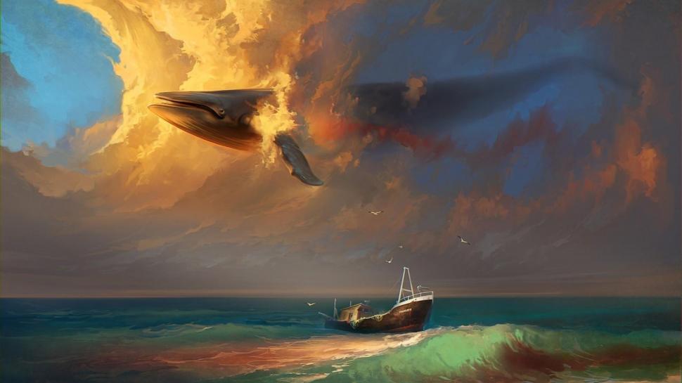 Boat On The Water,whale In The Sky wallpaper,water HD wallpaper,whale HD wallpaper,boat HD wallpaper,3d & abstract HD wallpaper,1920x1080 wallpaper