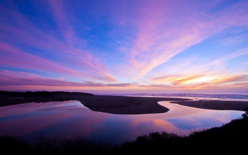 Purple Sunset Reflection Beach Hd Wallpaper Nature And Landscape