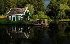 Summer, trees, river, pond, park, wood house, pier, boat wallpaper thumb