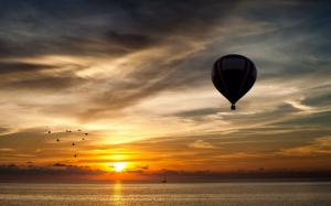 Hot Air Balloon, Silhouette, Sunset, Landscape, Sea, Birds, Sky wallpaper thumb