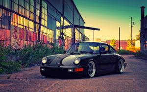 Porsche black car, building, dusk wallpaper thumb