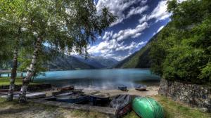 Switzerland, Poschiavo Lake, mountains, trees, shore, boats wallpaper thumb
