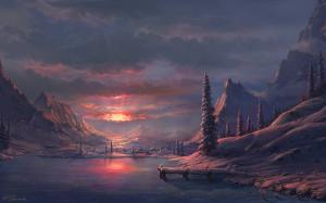 Drawing Sunset Snow Winter Trees Mountains Clouds HD wallpaper thumb