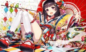 colorful, short hair, anime, flowers, birds, Japanese clothes, japanese girl, Japanese kimono wallpaper thumb