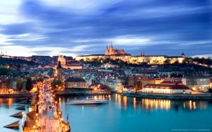 Prague, Czech Republic, Charles Bridge, river, city night view, lights wallpaper thumb