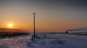 Sunset Power Line Snow Winter HD wallpaper thumb
