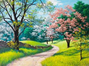 Beautiful painting, spring, blossoms, trees, grass, road wallpaper thumb