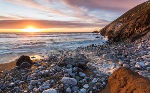 Sunset Beach Ocean Rocks Stones Coast HD wallpaper thumb