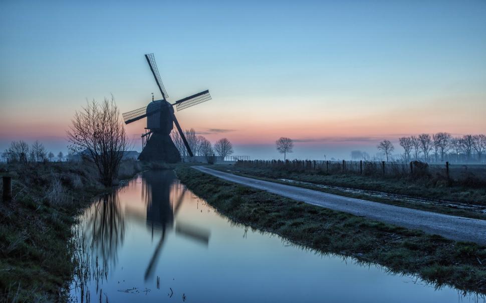 Morning, road, windmill, canal, river, trees, fog wallpaper,Morning HD wallpaper,Road HD wallpaper,Windmill HD wallpaper,Canal HD wallpaper,River HD wallpaper,Trees HD wallpaper,Fog HD wallpaper,2560x1600 wallpaper