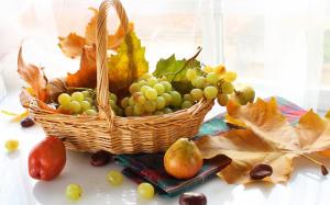 Autumn fruit, grapes, basket, pear, leaves wallpaper thumb