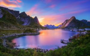 Reine, Nordland, Lofoten archipelago, Norway, village, bay, mountains, sunset wallpaper thumb