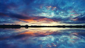 Landscape, Lake, Reflection, Sunset, Moon, Stars wallpaper thumb