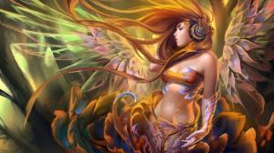 Long hair fantasy girl listening to music, angel wings wallpaper thumb