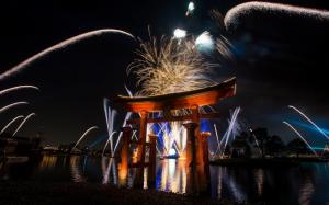 Fireworks over Japanese arch wallpaper thumb
