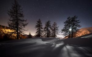 Night, winter, snow, mountains, trees, stars, nature landscape wallpaper thumb