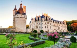France, Chenonceau chateau, castle, lawn, bushes, garden wallpaper thumb