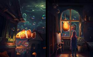 Fantasy Art, Clownfish, Fish, Window, Bubbles, Night, Sylar wallpaper thumb