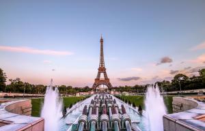 eiffel tower, paris, gold evening, france, fountain wallpaper thumb