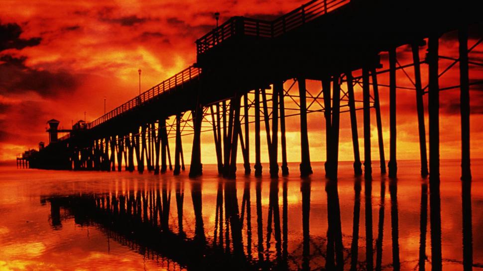Fiery Sky Over Pier In San Diego wallpaper,shadow HD wallpaper,fire HD wallpaper,pier HD wallpaper,nature & landscapes HD wallpaper,1920x1080 wallpaper