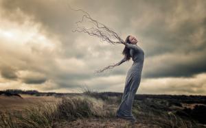 Creative pictures, girl, wind, hands, roots wallpaper thumb