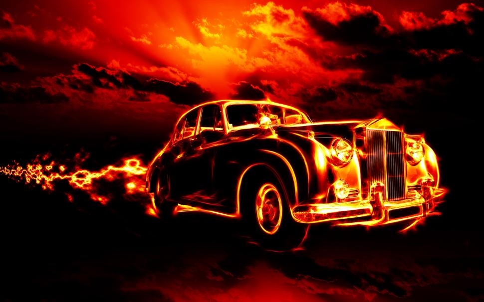 Vintage Car in Fire wallpaper,dark HD wallpaper,background HD wallpaper,fire HD wallpaper,classic car HD wallpaper,2880x1800 wallpaper